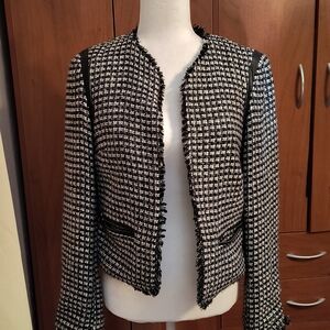 Warehouse Monochrome Tweed Blazer with Fringe